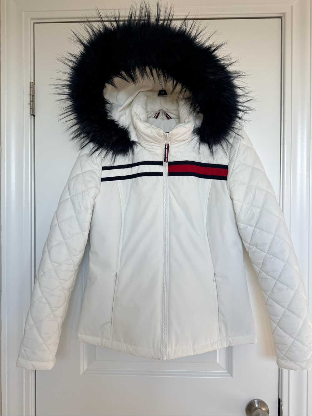 Tommy Hilfiger White Quilted Jacket with Black Faux-Fur Hood Trim